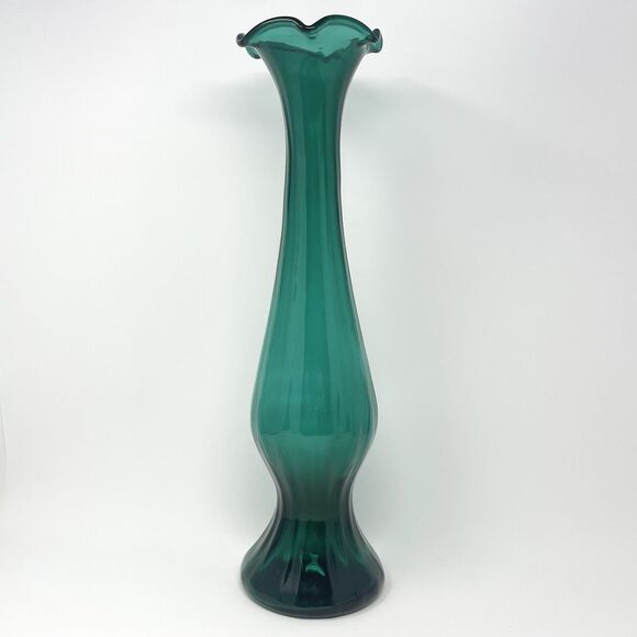 Empoli Fiorentina Glass Vintage MCM Green Turquoise Swung Floor Vase 19” Italian - Picture 1 of 9